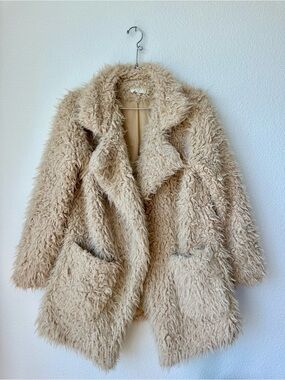 SAGE The Label Tan Faux Fur Shaggy Teddy Coat Beige XS Duster Jacket Pockets